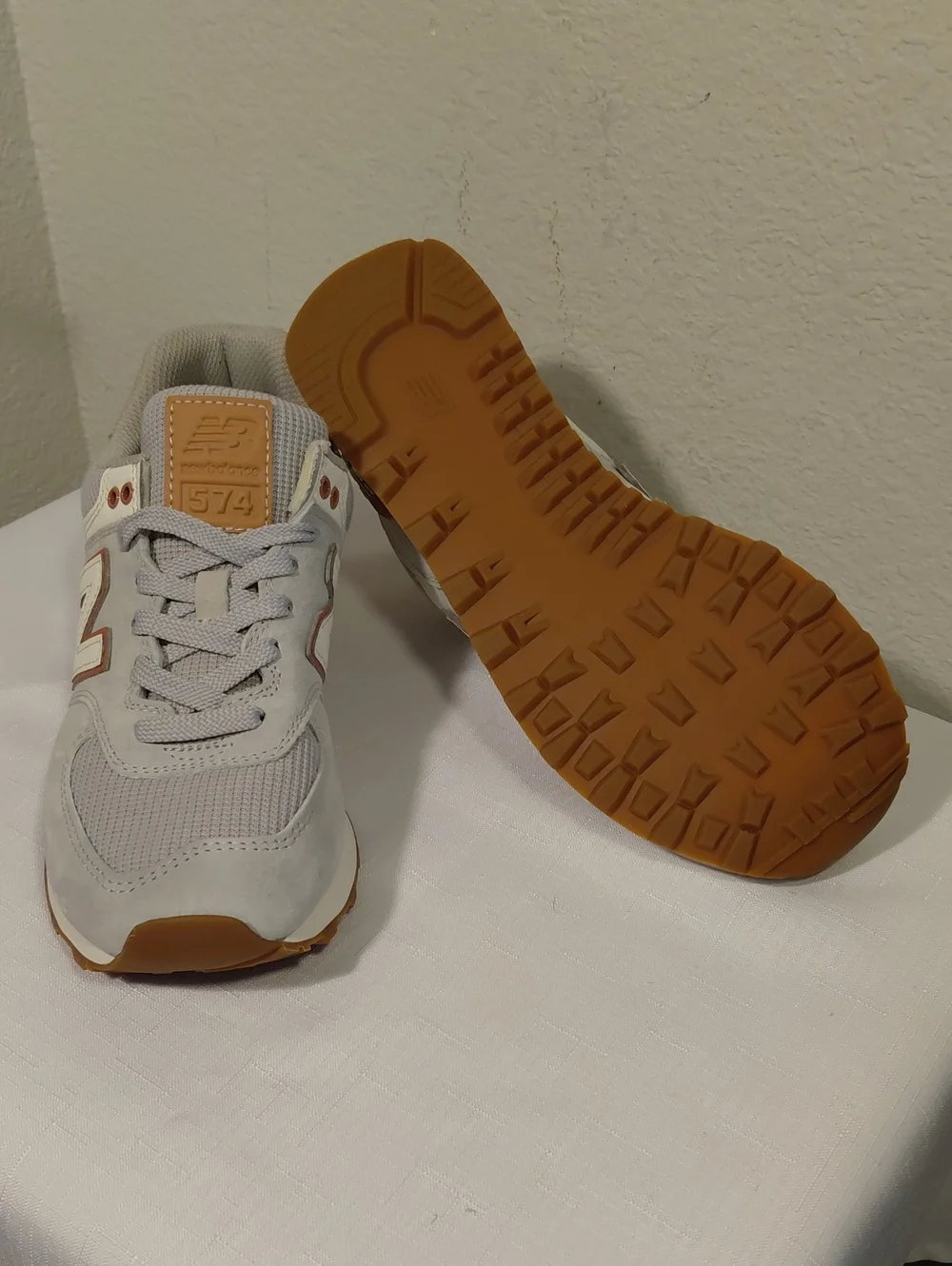 New Balance 574 Light Gray with Tan Accents